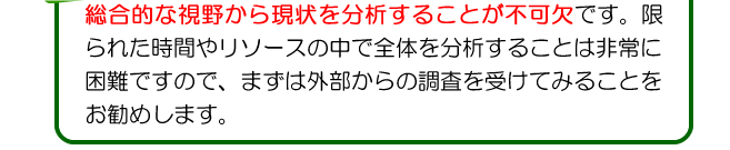 総合的な視野から現状を分析することが不可欠です。限られた時間やリソースの中で全体を分析することは非常に困難ですので、まずは外部からの調査を受けてみることをお勧めします。